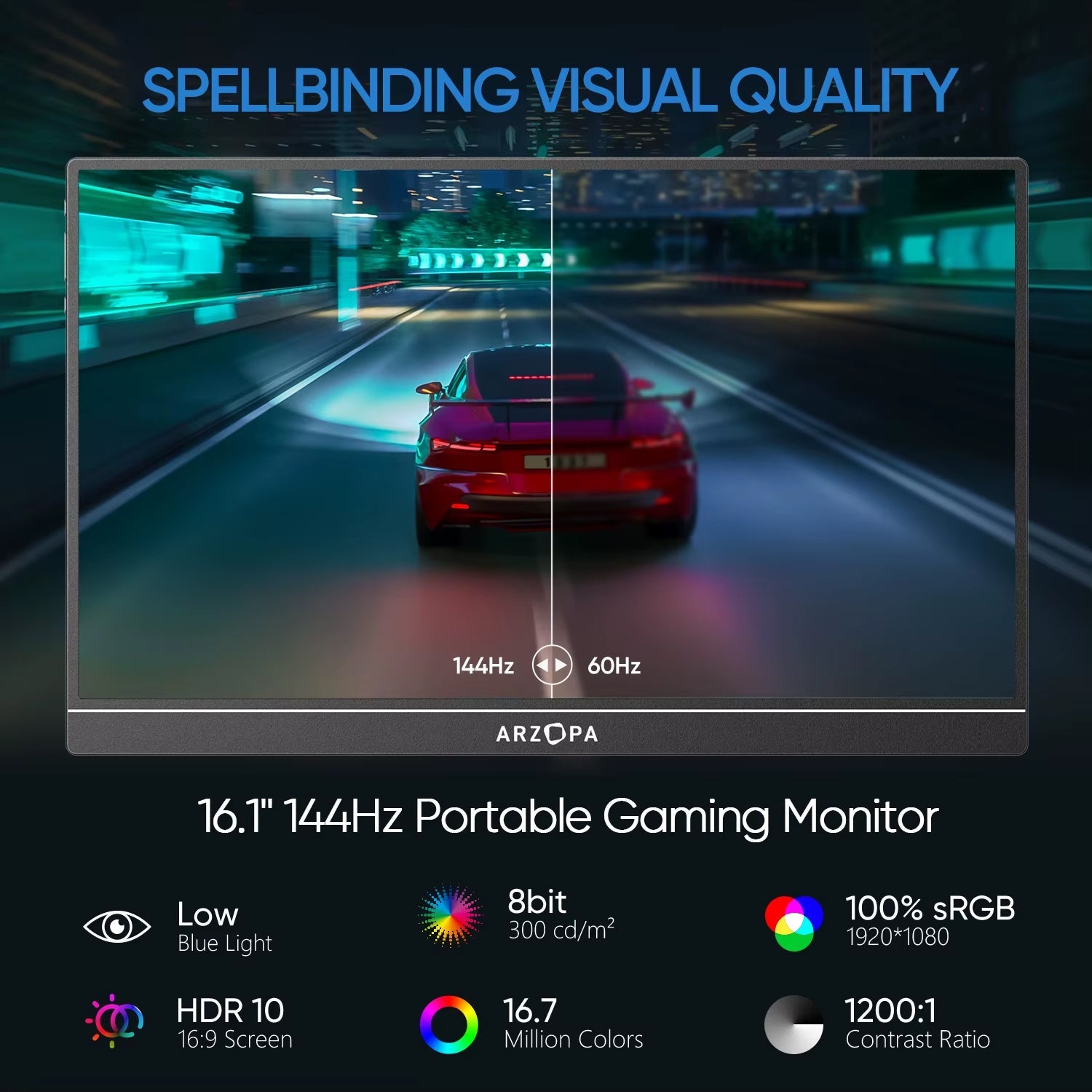 ARZOPA 16.1 Inch 144Hz 100% sRGB Portable Monitor Type-C Mini HDMI PC XBOX PS 16.1 Inch / ARZOPA Portable Monitor