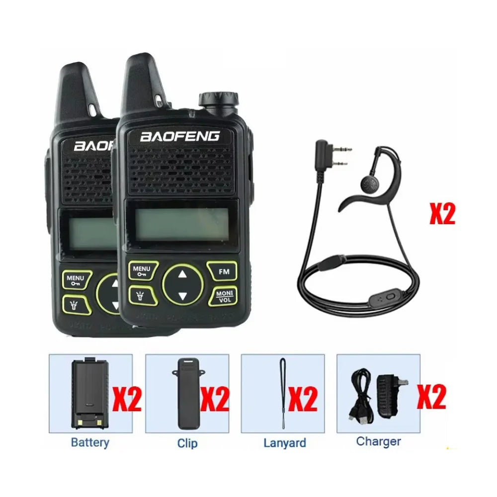 2x Baofeng BF-T1 Mini Walkie Talkie FM Long Range UHF Two Way Radio + Earpieces Black / EU Plug Walkie Talkie