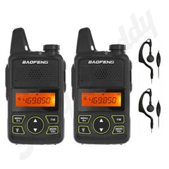 2x Baofeng BF-T1 Mini Walkie Talkie FM Long Range UHF Two Way Radio + Earpieces Black / EU Plug Walkie Talkie