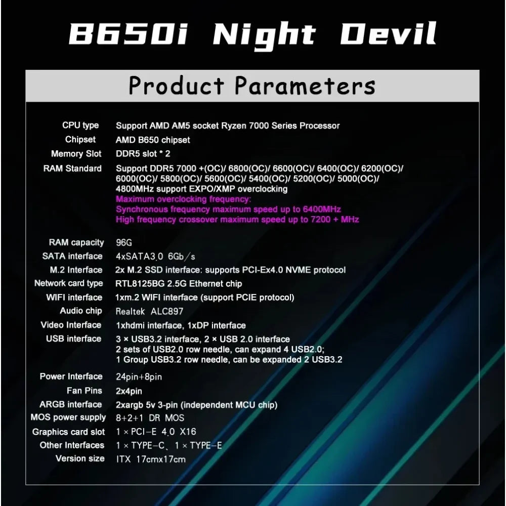 B650I AMD AM5 Pro Gaming Motherboard DDR5 ITX Supports Ryzen 7000 Series CPUs B650I Motherboard