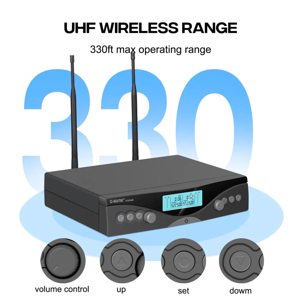 G-MARK Professional Wireless Microphone Dual Channel UHF Cordless Handheld 100M Black Microphone