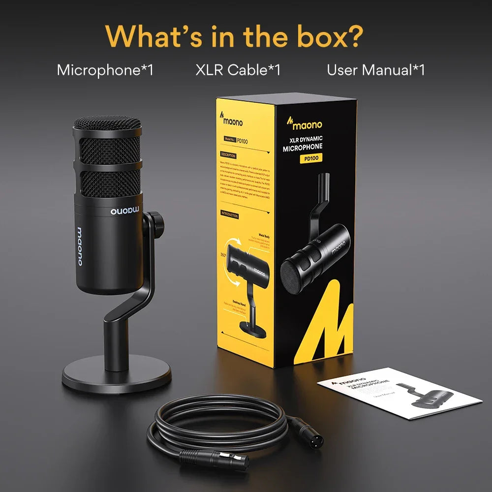 PD100 XLR Podcast Microphone Cardioid Studio Dynamic Mic for Vocal Recording Black Microphone